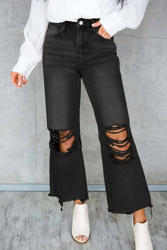 Distressed High Waist Cropped Flare Jeans